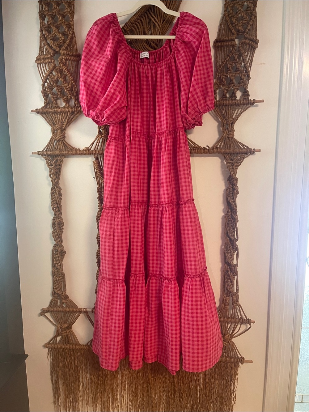 Pink Gingham Maxi Dress with Puff Sleeves